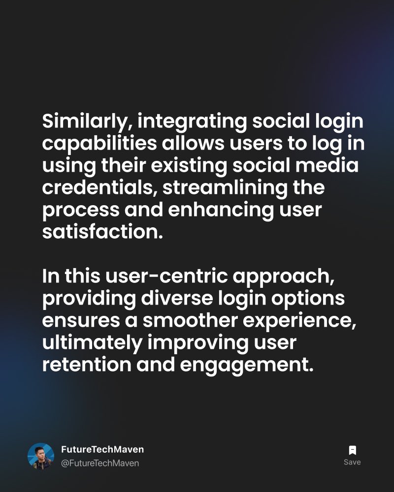 FutureTechMaven's tweet image. 💡 Revolutionise your login experience! 🚀 Biometrics and social login options make accessing your account a breeze. No more password headaches – just effortless entry! #userexperience #usercentricdesign #engagementboost #techtip #levelupdevelopment #devskills #it #mobileapp