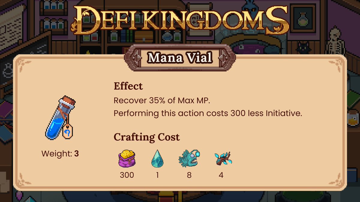 DeFiKingdoms's tweet photo. Potion Preparedness Part 5:
The Mana Vial
Restoring a percentage of your Heroes mana, this lightweight potion can enable finishing moves from your Heroes! Check out the weight and crafting costs below.
Like, tag 3 friends, and retweet this tweet and 5 winners will receive 10 Mana Vials 

*Winners will be drawn in about a week

@GamingOnAvax @PlayonKlaytn @avax @klaytn_official

$JEWEL #DFK #DeFiKingdoms #crypto #MMORPG #combat #potions #web3gaming #gamefi #Blockchain #BlockchainTechnology #BlockchainInnovation #blockchaingames