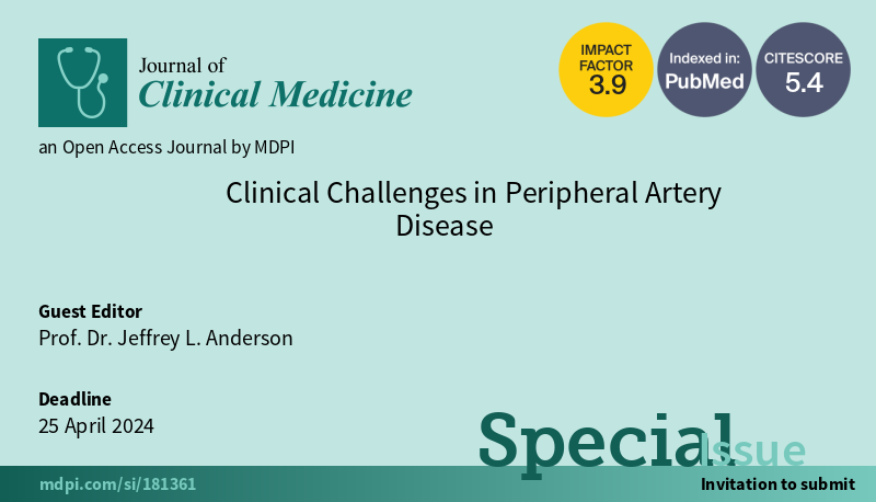 JCM MDPI (@jcm_mdpi) on Twitter photo #AmericanHeartMonth
☀️We are pleased to share a Special Issue "Clinical Challenges in Peripheral Artery Disease" edited by Prof. Dr. Jeffrey L. Anderson. #mdpijcm
🔗Welcome your contribution at: mdpi.com/journal/jcm/sp…
<a href="/MediPharma_MDPI/">MDPI Medicine & Pharmacology</a>
#cardiovascular #PAD #AmericanHeartMonth
☀️We are pleased to share a Special Issue "Clinical Challenges in Peripheral Artery Disease" edited by Prof. Dr. Jeffrey L. Anderson. #mdpijcm
🔗Welcome your contribution at: mdpi.com/journal/jcm/sp…
<a href="/MediPharma_MDPI/">MDPI Medicine & Pharmacology</a>
#cardiovascular #PAD