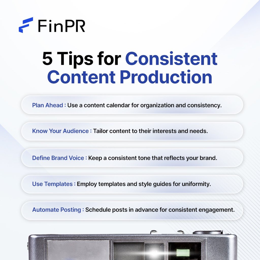 FinPRcom's tweet image. Elevate your content strategy with these 5 essential tips for consistent production. 🎥
#FinPR #PRagency #socialmediamarketing #socialmedia #digitalmarketing #finance