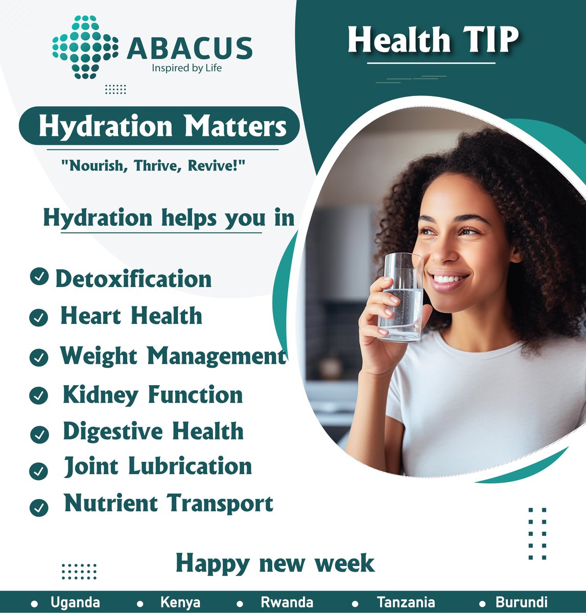 AbacusPharmaLtd's tweet image. Tap into the Power of Hydration! 💦✨ Sip, Smile, Repeat! Did you know staying hydrated boosts your energy, clears your mind, and keeps you glowing? 🚰✨ Pour yourself a glass of goodness and let the hydration vibes flow! 🌊💙 #HydrationStation #SipSmart #Thirstymonday