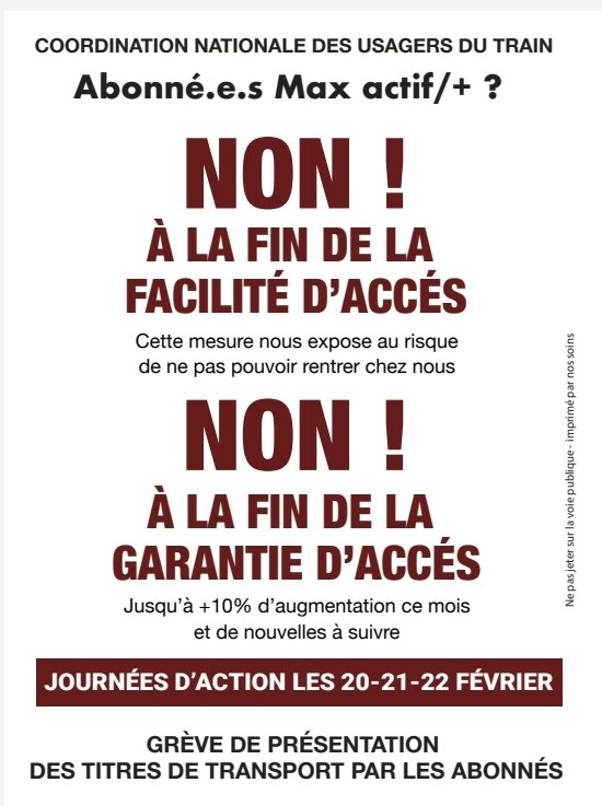 Appel à la non présentation des titre de transport pour les journées du 20, 21 et 22 février suite à la modification des cg de vente et augmentation des tarifs.
