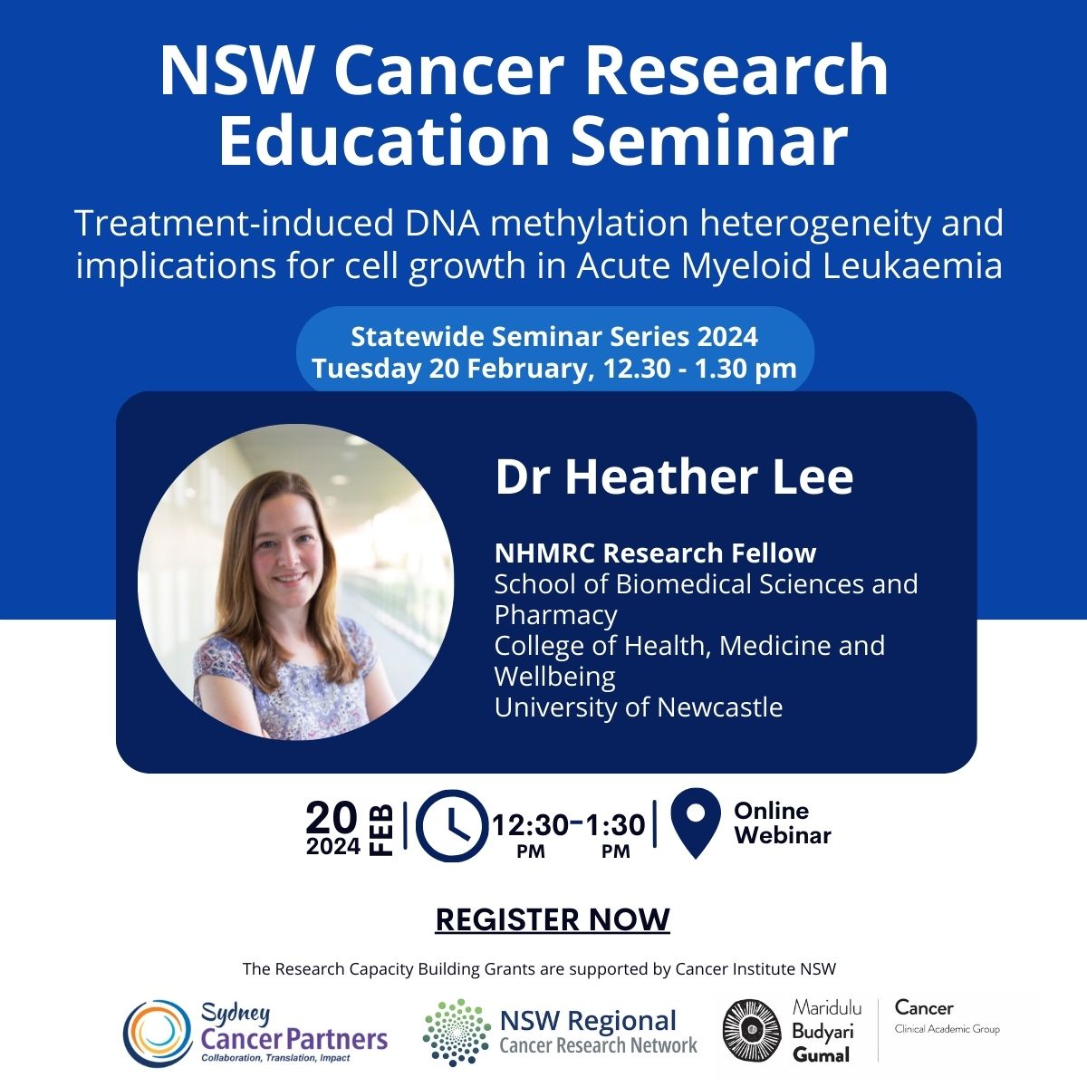 REMINDER! Join us tomorrow for the 1st NSW Cancer Research Edu Seminar! 📅Tuesday 20th Feb, 12:30- 1:30pm @Dr_Heather_Lee talks hypomethylating agents for AML & myelodysplasia treatment. Register at bit.ly/3SMUkeg #CancerResearch @SydCancerPtnrs @CancerSPHERE @cancerNSW