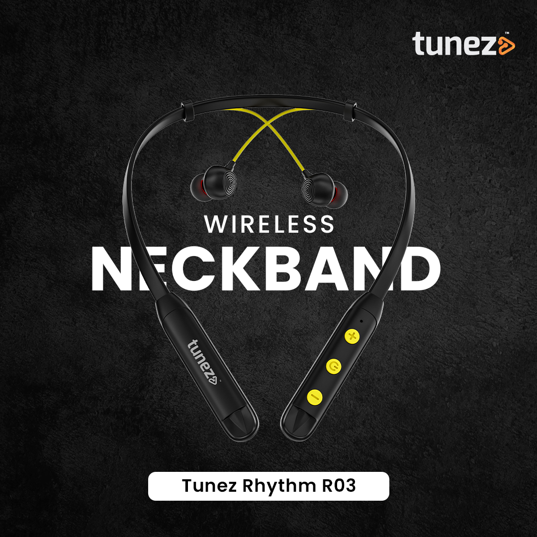 Say goodbye to tangled cords and hello to seamless music on the go!

#TunezRhythmR03 #Tunez #Gotunez #WirelessNeckband #NeckbandEarphone