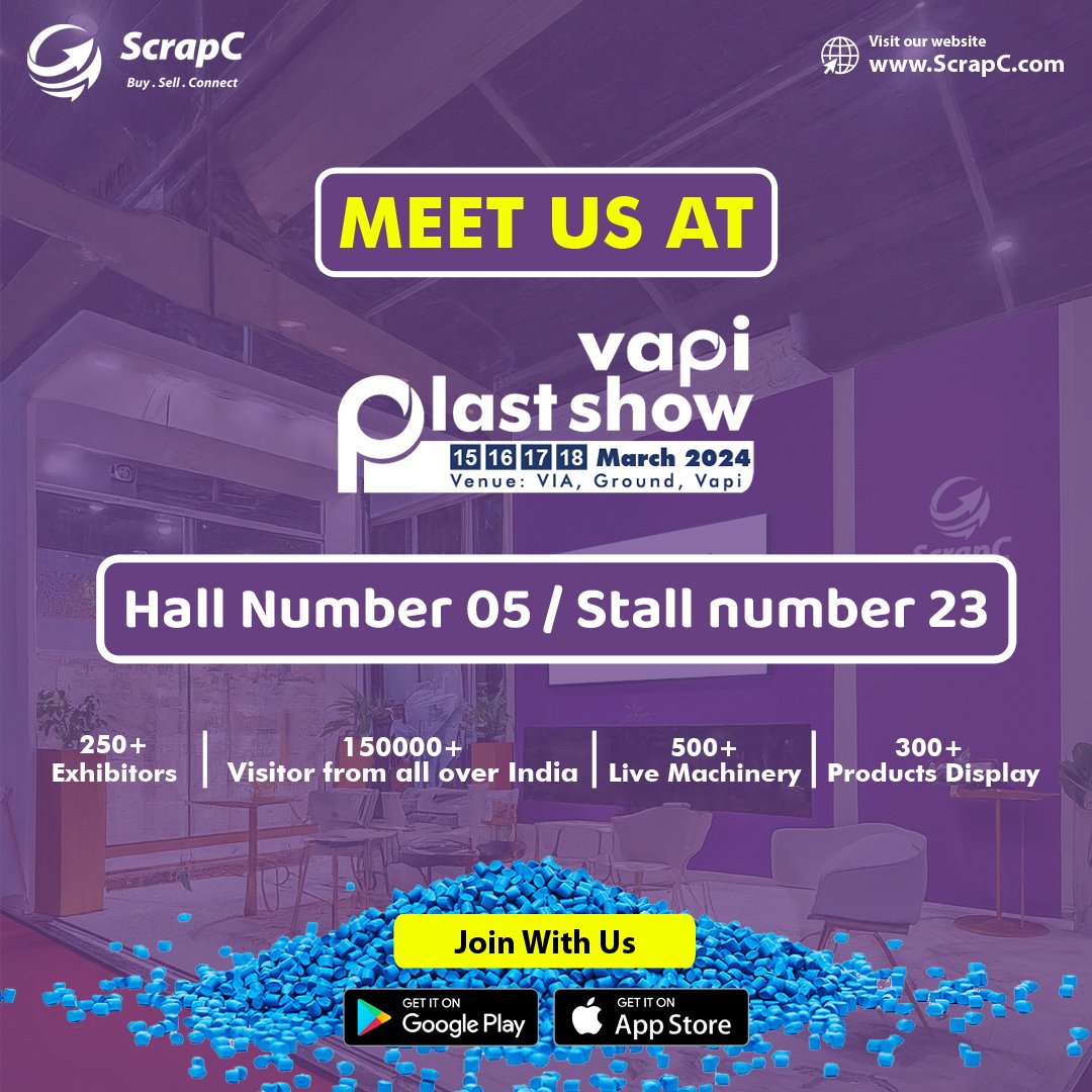 ScrapC00's tweet photo. Meet ScrapC at Vapi Plastshow 2024! Explore sustainable material trading - metal, plastic, paper, fabric, wood, machinery. Let's shape a greener future! Visit us at Hall 05, Stall 23. See you soon! β
#ScrapC #VapiPlastshow2024 https://t.co/CdmxBRLeb5