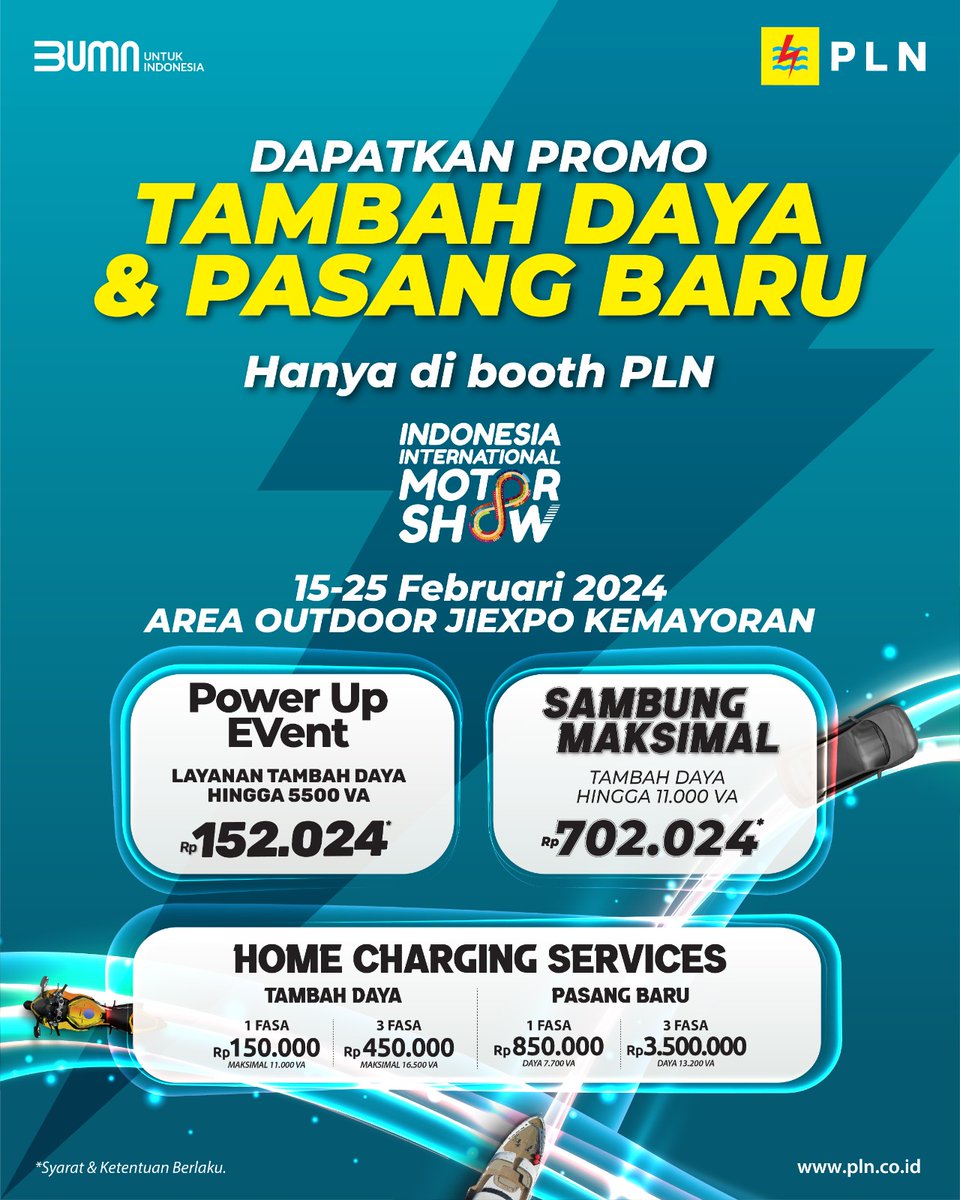 bumnmadiunjitu7's tweet photo. Nah, jangan khawatir. PLN hadirkan Promo Pasang Baru, Tambah Daya, dan Pemasangan EV Home Charging yang bisa kamu dapatkan hanya di Booth PLN selama Indonesia International Motor Show (IIMS) 2024 berlangsung.
#IIMSPoweredbyPLN #PromoPLN #PromoTambahDayaPLN #PowerUpEvent https://t.co/L1BvU9suDC