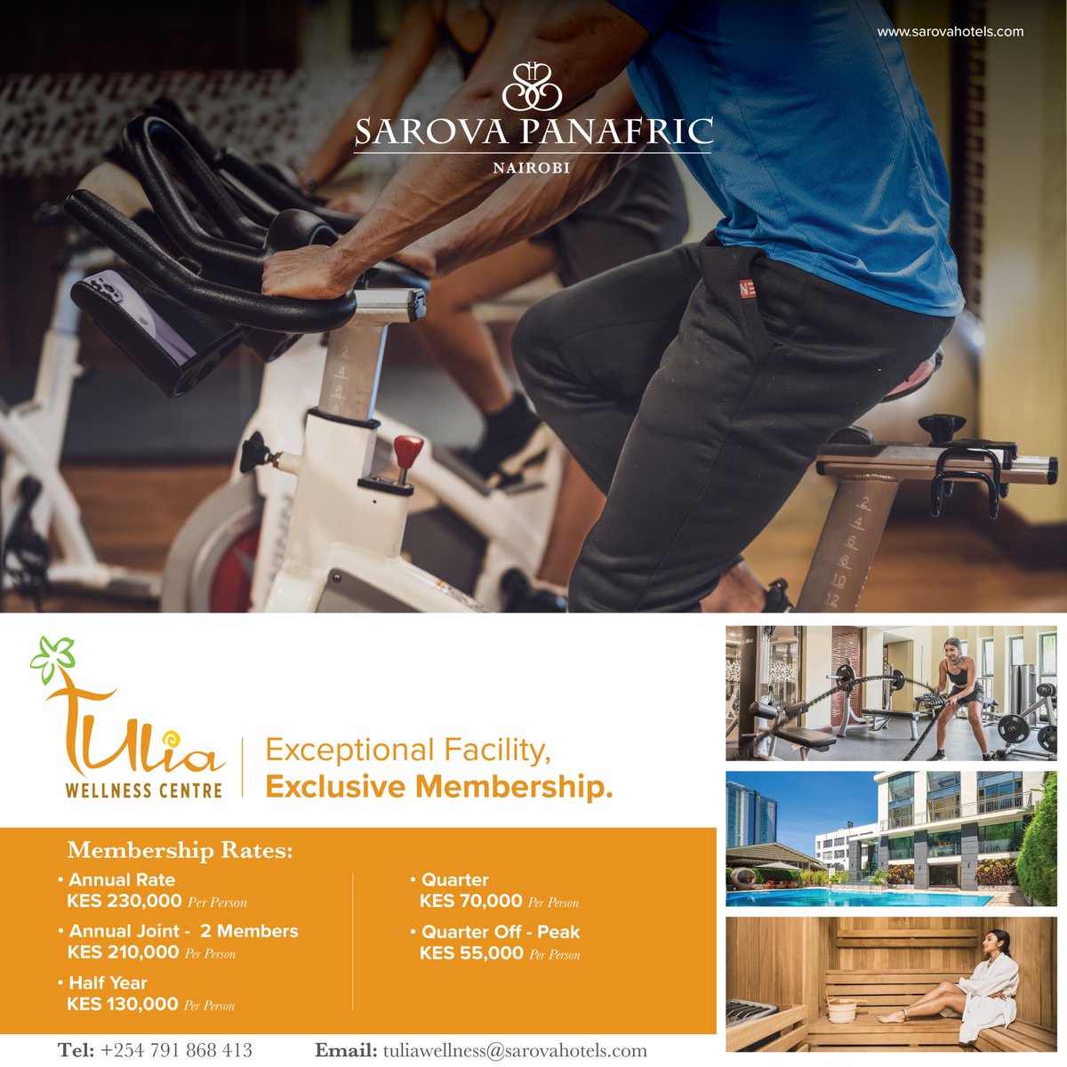 Exceptional Facility! Exclusive Membership! Uncover a sanctuary of personalized fitness, calming spa treatments, and tranquil poolside relaxation at Tulia Wellness Center at Sarova Panafric Hotel in Nairobi. Our expert trainers empower you while the sauna and steam room