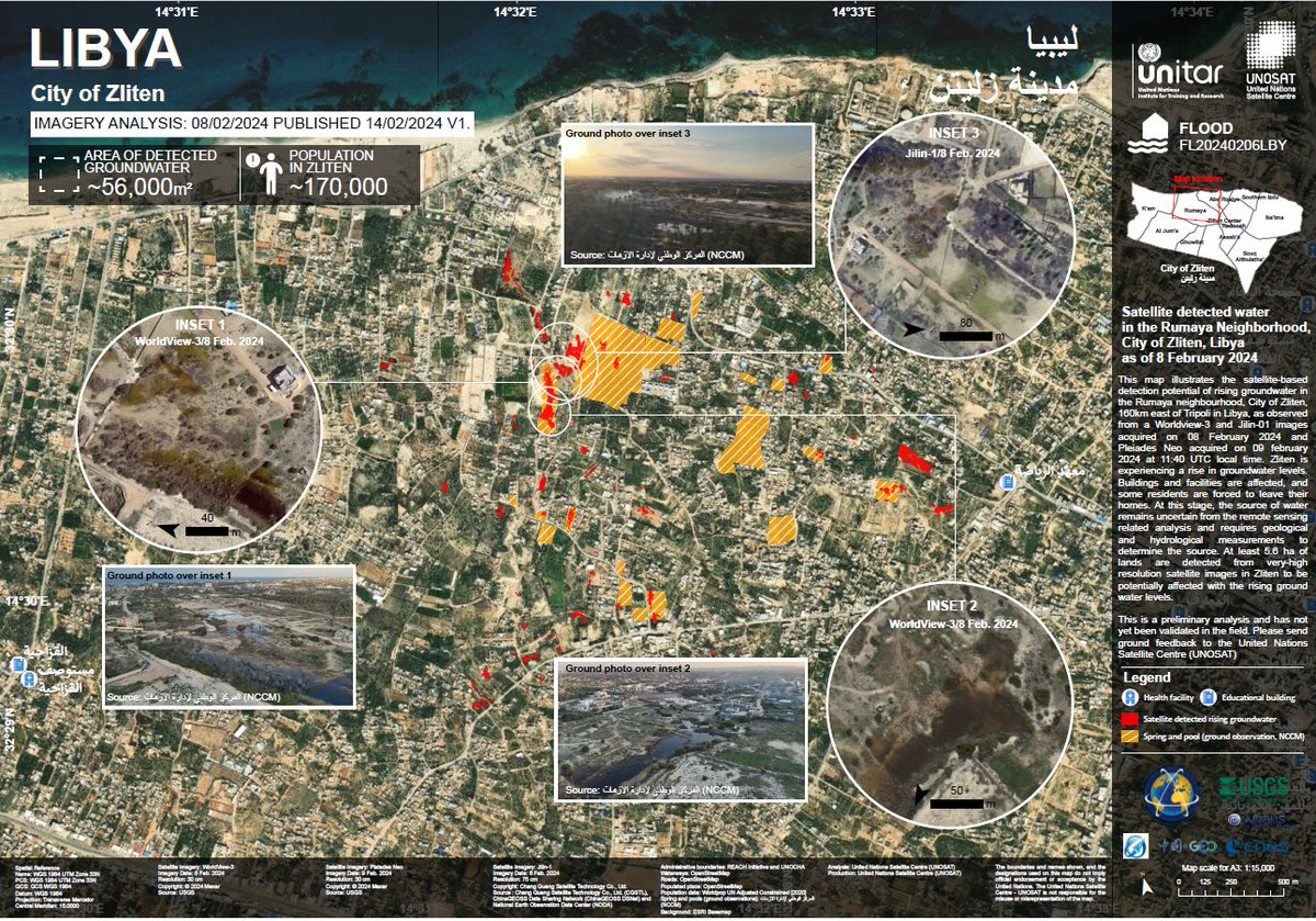 🇱🇾 Zliten, Libya
Groundwater levels are surging, damaging buildings and structures, forcing residents to evacuate.
Join the mapathon organized by #OSM Libya to aid crisis management with spatial data.
🗓️20 Feb, 3:00pm UTC
➡️Register: tinyurl.com/ZlitMap
🗺️Credits: <a href="/UNOSAT/">UNOSAT</a>