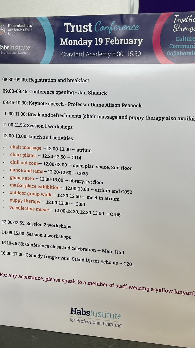 We’re @habscrayford today for our annual Trust conference, which brings together all staff from our 9 schools for a day of conversation, ideas and lots of learning. This year’s theme is centred around ‘Culture, Community and Collaboration’. People are arriving and we have a full