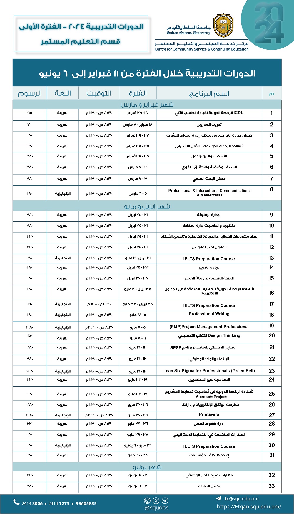 يسر مركز خدمة المجتمع والتعليم المستمر الإعلان عن خطة البرامج التدريبية العامة للنصف الاول لعام 2024م 
لمزيد من التفاصيل والمعلومات يرجى التواصل على:
الهاتف: 24143008/24143006
النقال :99605885
البريد الالكتروني : tc@squ.edu.om 
X: SQUCCS
Instagram: squ_ccs