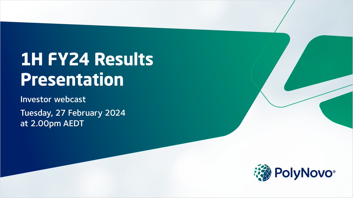 PolyNovo will release the Company’s half year results for financial year 2024 on Tuesday, 27 February 2024.

An accompanying investor webcast is scheduled for Tuesday 27 February at 2.00pm AEDT.

To register to attend, visit: event.choruscall.com/mediaframe/web…
