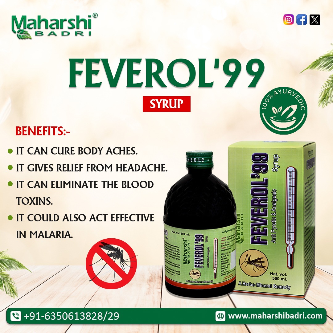 FEVEROL – 99 SYRUP
Helps To Fight Fever Complications
Special Effects In Malaria Complications
Useful In Swine Flu & Dengue Fever Also
#Maharshibadri #fevermanagement #feverol99syrup
#fever #ayurveda #Ayurvedic #ayurvedicmedicine #herbal