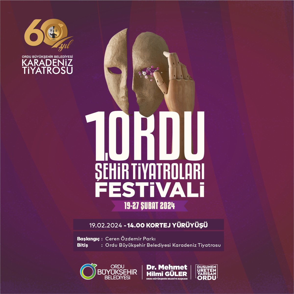Yarım asrı aşkın süredir kentin kültür ve sanat hayatına ışık tutan OBBKT ev sahipliğinde, “1. Ordu Şehir Tiyatroları Festivali” bugün başlıyor. 🎭

Festival, bugün 14.00'te Ceren Özdemir Meydanı'ndan kortej yürüyüşü ile başlayacaktır.

Festivalimizin ilk gösterimini saat