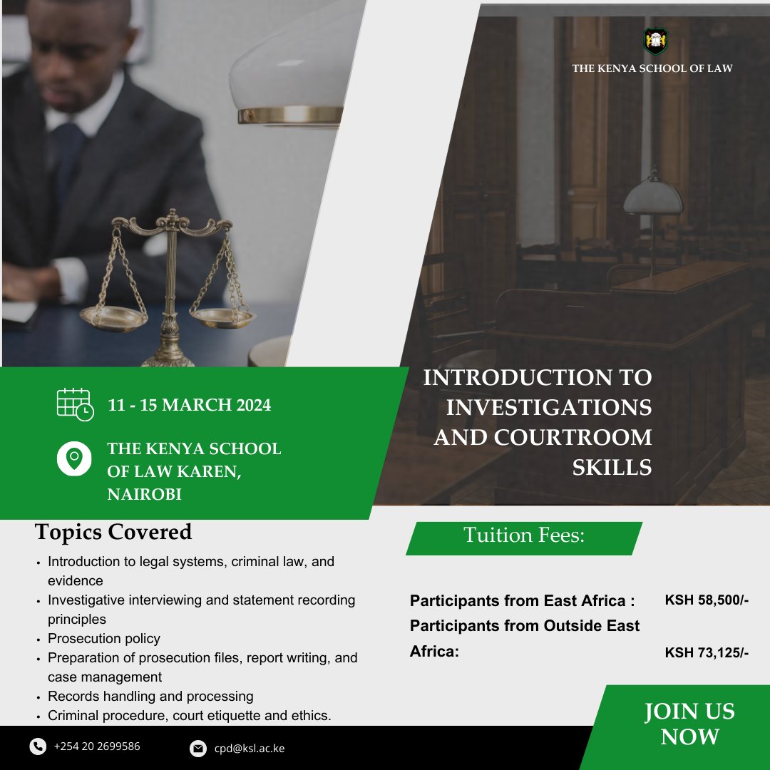 SchoolofLawKE's tweet photo. Join our Introduction to Investigations and Courtroom Skills course at Karen Campus from March 11-15, 2024. Learn criminal law, investigative interviewing, report writing, and more. Register at https://t.co/wPAXiJ5B72.
#KSLCPDs https://t.co/NjgLlILDCu