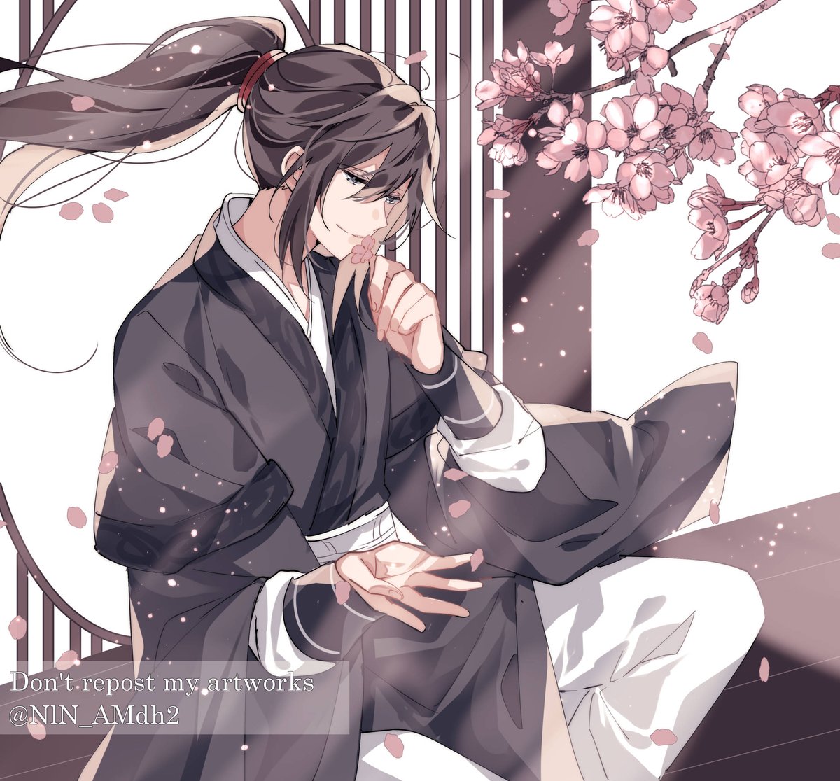 1boy male focus long hair ponytail solo flower petals  illustration images