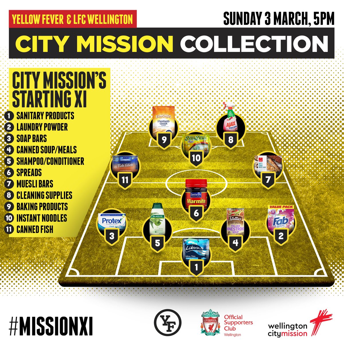 We’re joining forces again with @YellowFever_NZ to run a food bank drive for The Wellington City Mission called #MissionXI, targeting there 11 most required items. We will be collecting at @WgtnPhoenixFC men's home game on the 3rd March against Adelaide United at @skystadium