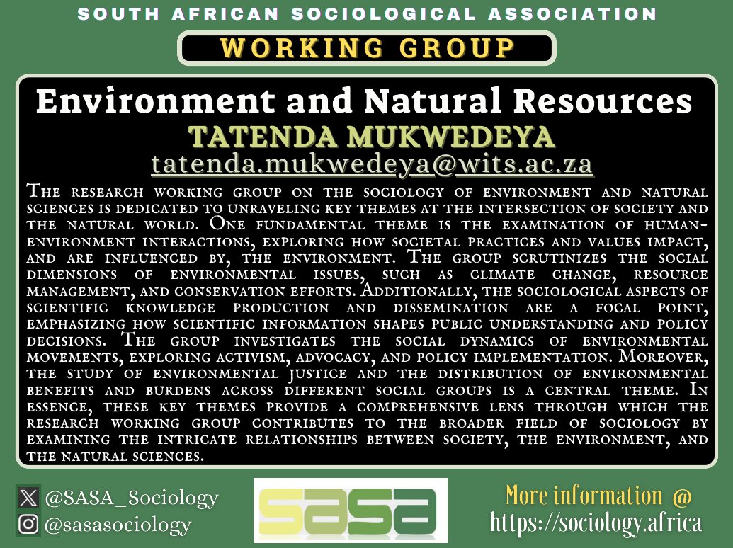 sasa_sociology (@sasa_sociology) on Twitter photo Call Now OPEN:
Environment & Natural Resources WG
led by 'Dr Tatenda Mukwedeya' <a href="/WitsUniversity/">Wits University</a>
Inviting scholarly work on interrelations between the environment and societal practices, values, knowledges, activism, policy ....
Closing date: 29 March
sociology.africa/annual-confere… Call Now OPEN:
Environment & Natural Resources WG
led by 'Dr Tatenda Mukwedeya' <a href="/WitsUniversity/">Wits University</a>
Inviting scholarly work on interrelations between the environment and societal practices, values, knowledges, activism, policy ....
Closing date: 29 March
sociology.africa/annual-confere…