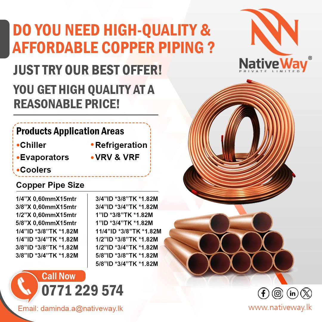 NativeWay_lk's tweet photo. "Beat the Heat with our AC Copper Promotion! Upgrade your cooling game with high-quality copper components for superior performance and longevity. Stay cool, stay efficient ❄🔧.

#ACUpgrade #CopperPromo https://t.co/dexjqshHNU