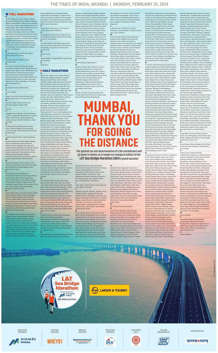 A rather sweet gesture from L&T, after the inaugural L&T Sea Bridge Marathon, to list the names of all 5,106 marathoners in a full-page ad! The attention to detail is a bonus - instead of simply listing all the names in alphabetical order, they have prominently broken down the