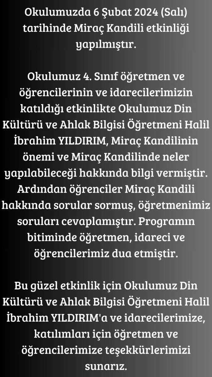 IlkokuluSeyh's tweet photo. Okulumuzda 6 Şubat 2024 tarihinde Miraç Kandili etkinliği düzenlendi (Ayrıntılar ikinci resimde)
#sivasvaliliği #sivasmem #sivashedefprojesi #sivashedef #sivasmirasprojesi #miras
@sivasvaliligi
@sivasmem
@valisimsek
@necatiyener_ https://t.co/p6jnyDLPim