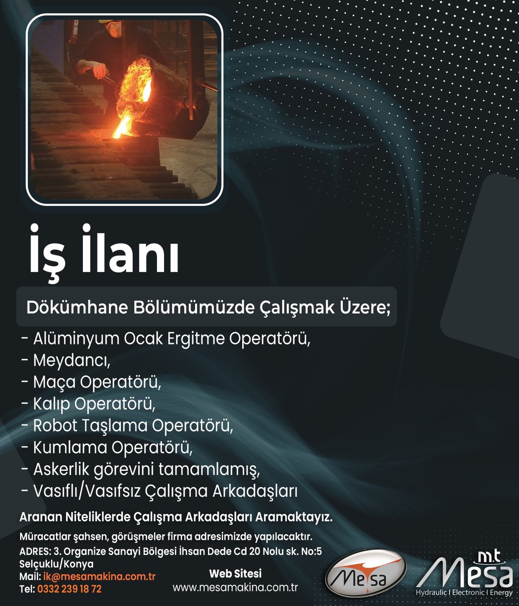 .
.
.
#işilanı
#isaranıyor
#işilanları
#işfırsatı
#alüminyum
#dökümhane
#konya
#mesamakina
#vasıflıvasıfsızeleman
#meydancı
#maça
#boyacı
#operator