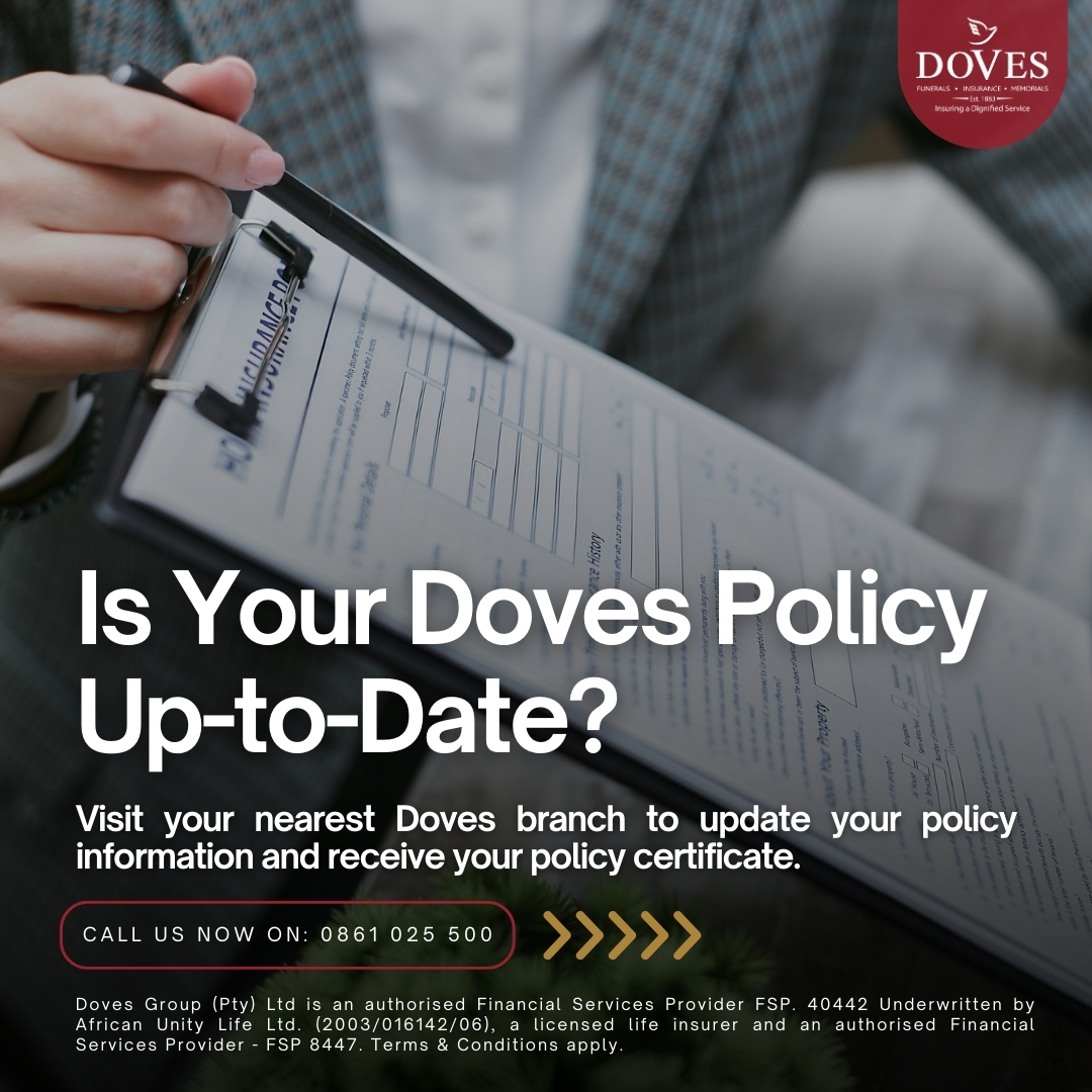 Doves_Insurance's tweet image. We encourage all Doves policyholders to visit or call their nearest Doves branch to update policy information and check up on the status of their policy. This is crucial to ensure that you are not disadvantaged at claim stage. #DovesInsuranceSA