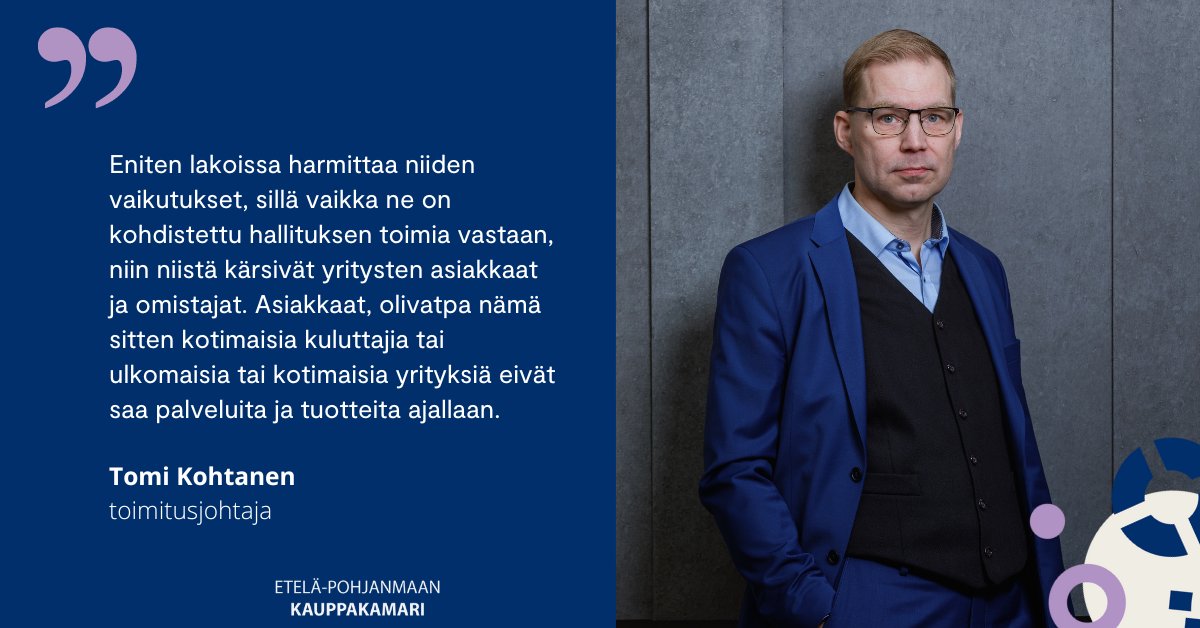 Uusimman Kamariviestin pääkirjoituksessa toimitusjohtajamme Tomi Kohtanen avaa poliittisten lakkojen merkitystä yritysten näkökulmasta. Lue koko artikkeli täältä: etela-pohjanmaankauppakamari.fi/uutinen/miten-…

#epkauppakamari #pääkirjoitus