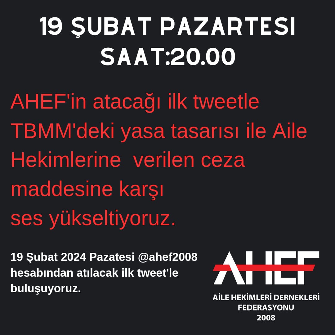 Aile Hekimleri ve Aile Sağlığı Ebe Hemşireleri olarak, çıkarılmaya çalışılan Aile Hekimliği sözleşme feshi ile ilgili yasa maddesine hayır diyoruz!
Bu akşam saat 20.00 Twitterda buluşuyoruz.
<a href="/dayanismasen/">Birlik ve Dayanışma Sendikası</a> <a href="/AHEF2008/">AHEF</a> <a href="/ANKAHED/">ANKAHED</a> <a href="/Ankased06/">Ankased</a>