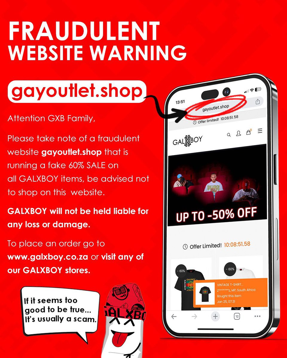 GALXBOY's tweet image. 🚨Attention GXB Family 🚨

Please take note of a fraudulent website gayoutlet.shop that is running a fake 60% SALE on all GALXBOY items, be advised not to shop on this website.
GALXBOY will not be held liable for any loss or damage.

To place an order go to…