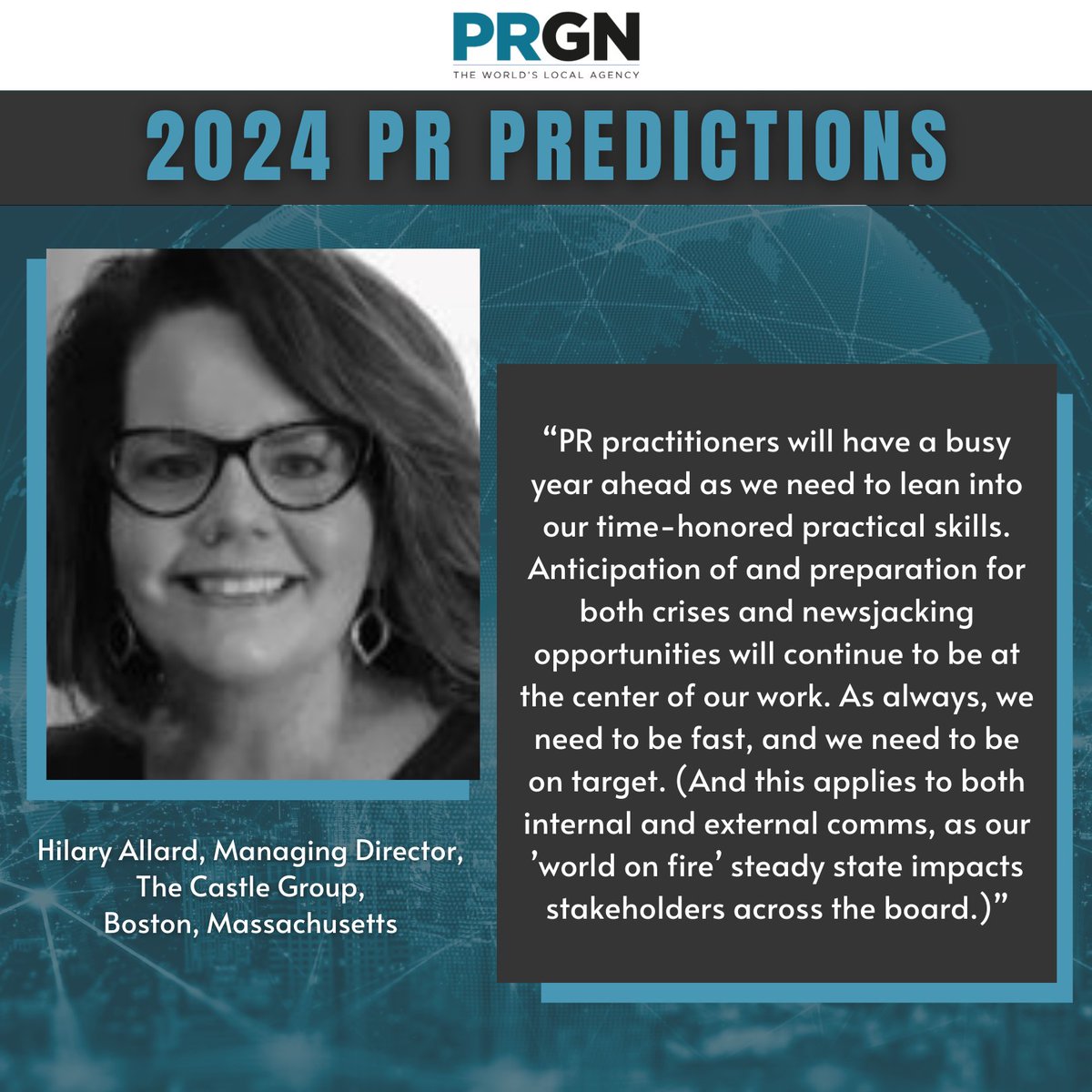 Hilary Allard of <a href="/CastleGRP/">The Castle Group</a> predicts 2024 to be a dynamic year for PR professionals, calling for swift and accurate communication both internally and externally. Check out more insights on 2024 in this #PRGN blog post featuring our Network leaders. bit.ly/4auBsrc