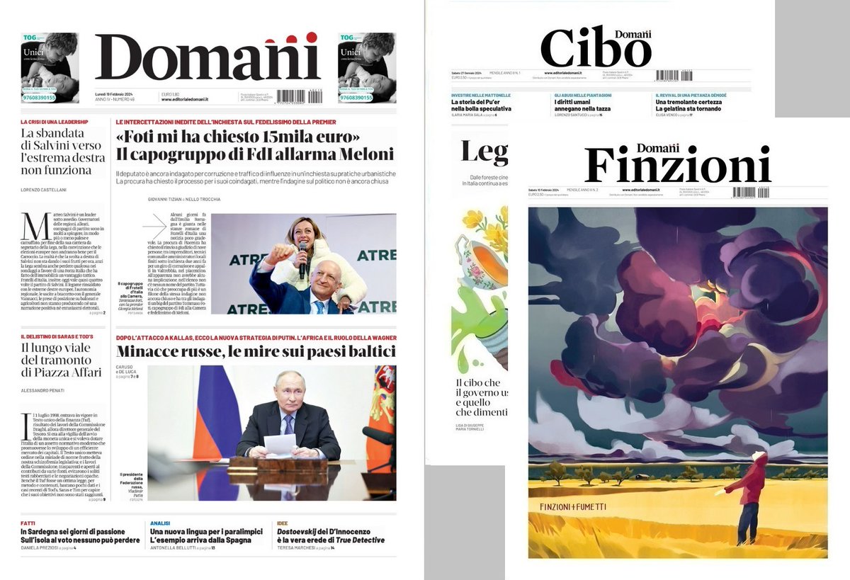 PazzoPerDomani's tweet photo. #19febbraio lunedì in prima: incipit su sbandata di Salvini e tramonto di Piazza Affari, apertura sul capogruppo di FdI, fotonotizia su minacce russe ai baltici, richiami a voto in Sardegna, lingua per paralimpici, “Dostoevskij” dei D’Innocenzo + supplementi #Cibo e #Finzioni https://t.co/64SI0nywmn