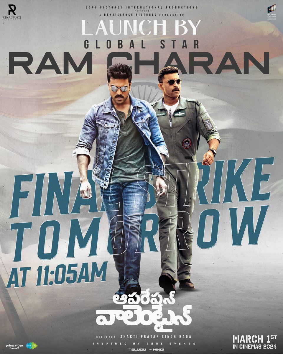 The operation gets 'MEGA' with its arrival🔥 Global 🌟 @AlwaysRamCharan and Bhai @BeingSalmanKhan are set to launch the Final Strike from #OperationValentine Tomorrow at 11:05 AM💥 Stay Tuned ❤️‍🔥 #OPVonMarch1st @IAmVarunTej @ManushiChhillar @ShaktipsHada89 @MickeyJMeyer…