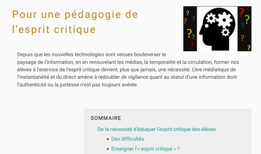 🧩 Pour une pédagogie de l’esprit critique -   lettres.ac-versailles.fr/spip.php?artic…

❓ Comment amener les élèves à opérer des choix pertinents pour s’informer ? Comment les faire entrer dans une démarche dynamique pour les initier à l’#EspritCritique à l'aide d'un parcours #Éléa ?