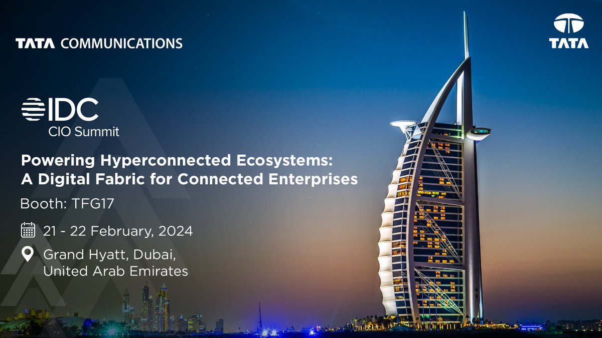 tata_comm's tweet image. Heading to IDC CIO Middle East? Meet us at our booth TGF17 to know more about powering #hyperconnectedecosystems and how our digital fabric is addressing enterprise needs! Discover how Tata Communications&apos; weaves together platforms, solutions, and tech expertise to simplify the…