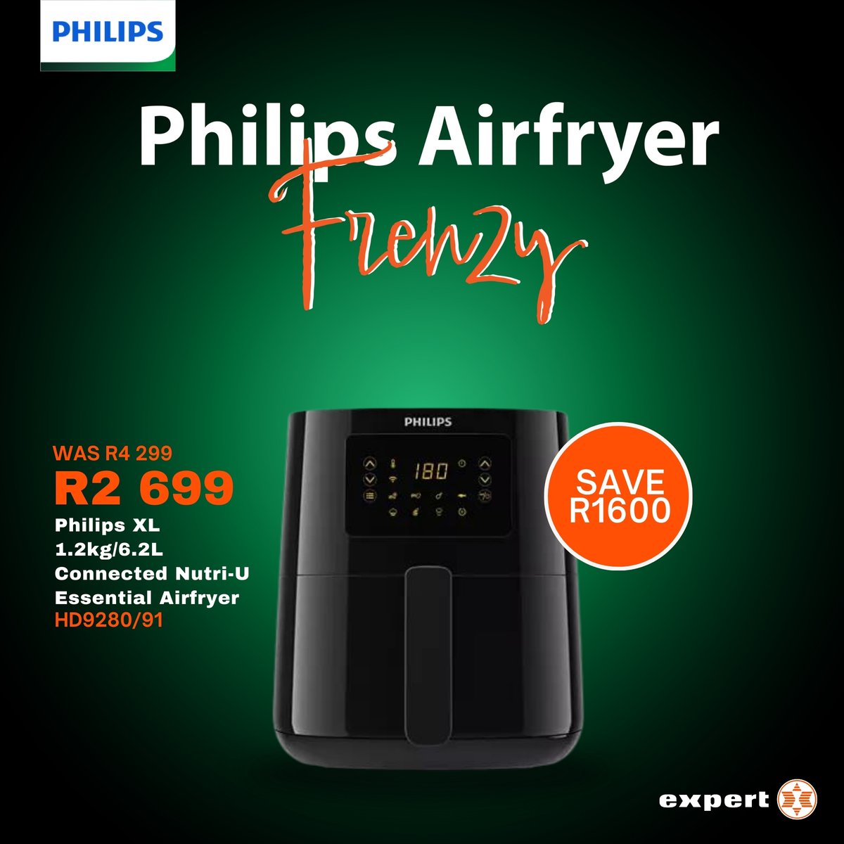 👉SAVE R1 600 on the @PhilipsHomeSA Xl 1.2kg/6.2l Connected Nutri-u Essential Airfryer! ✨Limited time offer, so hurry! ow.ly/T2o450QCGpX #Philips #LimitedTimeOffer #ExpertSA E&OE | Subject to availability | T&Cs apply | Limited time only.
