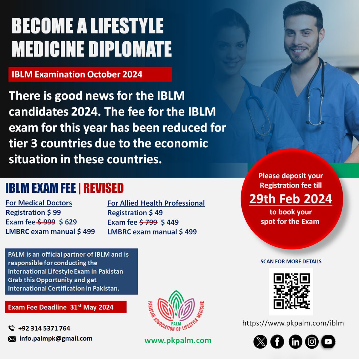 Become a Lifestyle Medicine Diplomate. Great opportunity for Medical Doctors and Allied Health Professionals. For more details please visit pkpalm.com/iblm. Deposit your registration fee till 29th Feb to book your spot for the Exam.