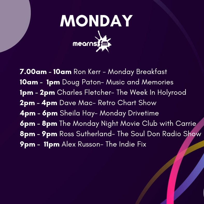 It's Monday Morning! Here is today's line up of shows, make sure to check out The Monday Night Movie Club at 6pm your host Carrie will talk you thorugh some of her movie reviews as well as information on upcoming movies whilst playing interviews and music from movies.