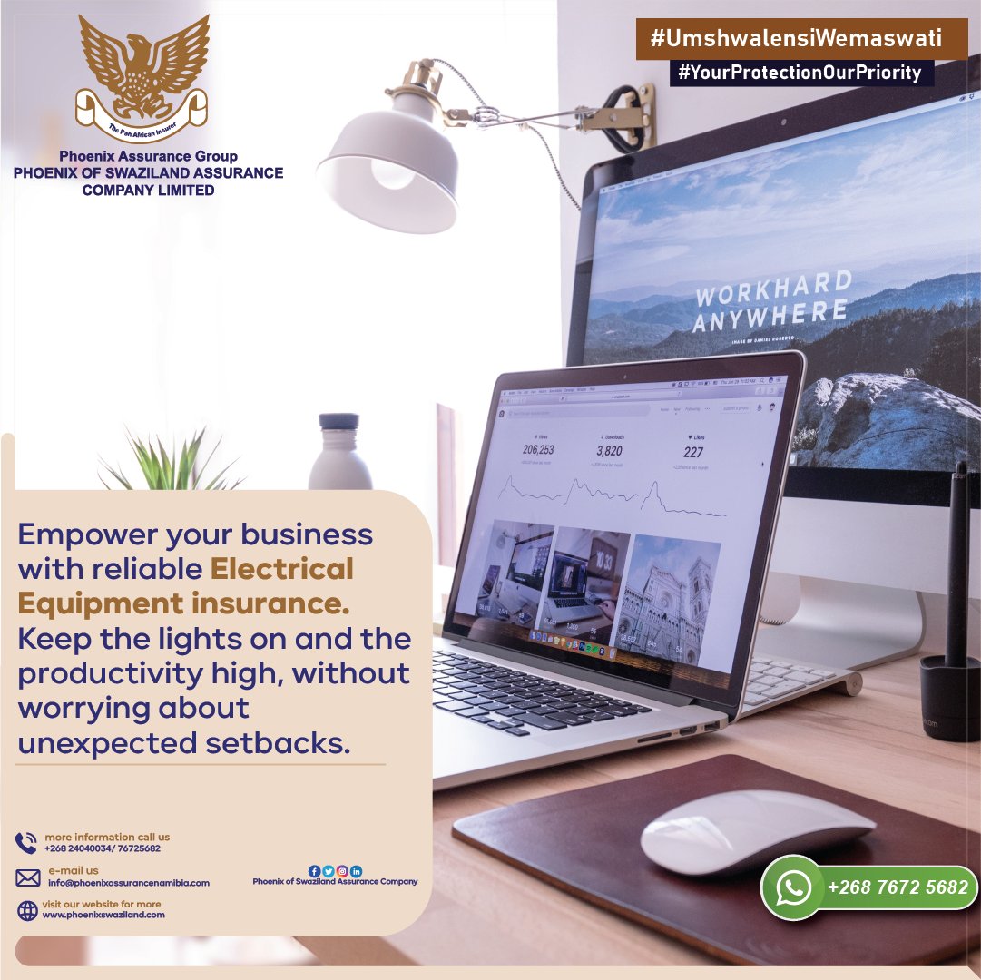 Empower your business with reliable Electrical Equipment insurance. Keep the lights on and the productivity high, without worrying about unexpected setbacks. #EquipmentProtection #BusinessSafety #PeaceOfMind

Talk to us today - WhatsApp: +268 7672 5682 - Call: +268 2404 0034
