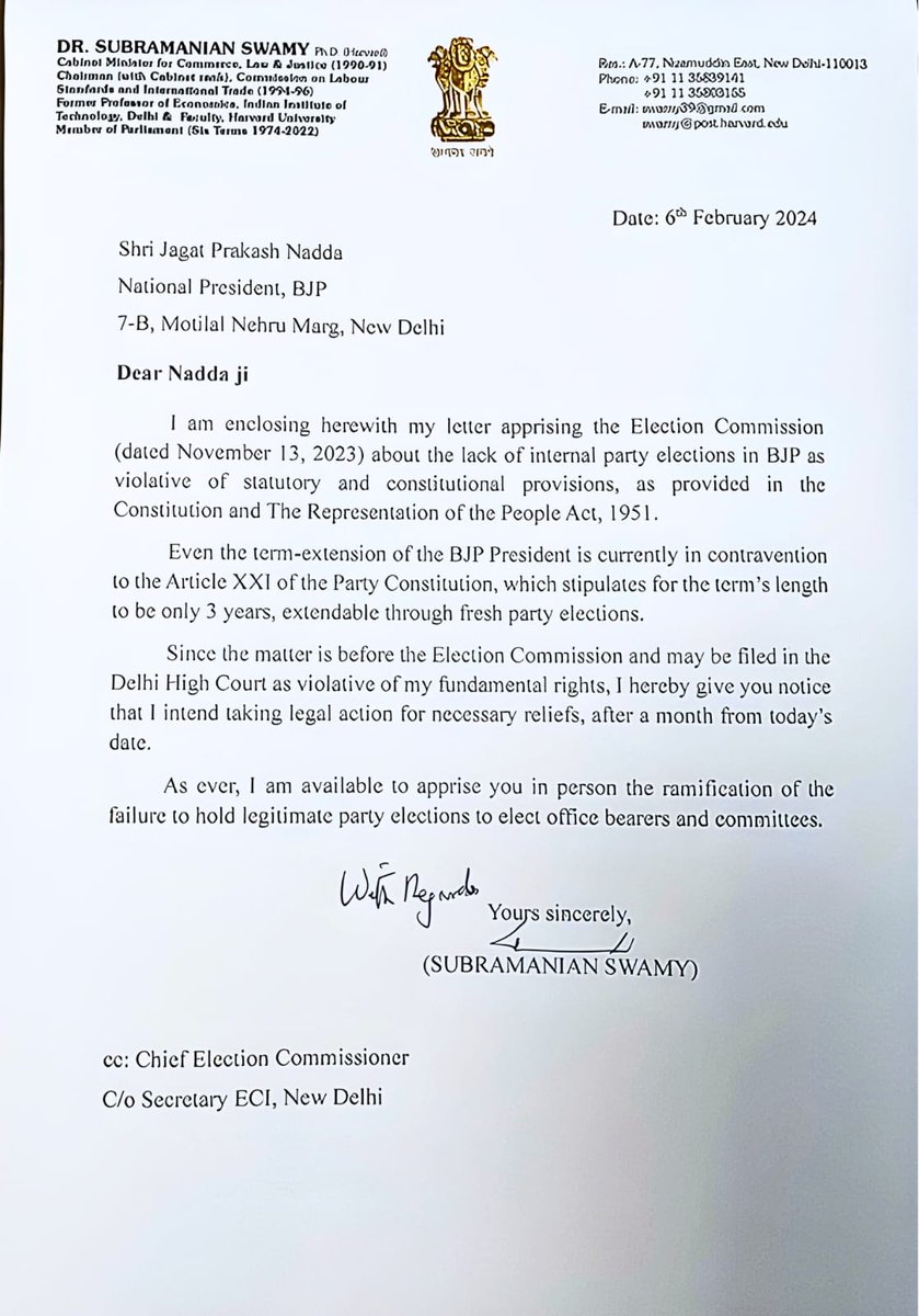 SSR__jaihind's tweet photo. Dr. Subramanian Swamy Ji's letter of  warning legal action against failure to hold internal elections in BJP, to elect office bearers &amp; committees, makes the party to amend its constitution!!
@Swamy39 https://t.co/ADN3TmtZmu