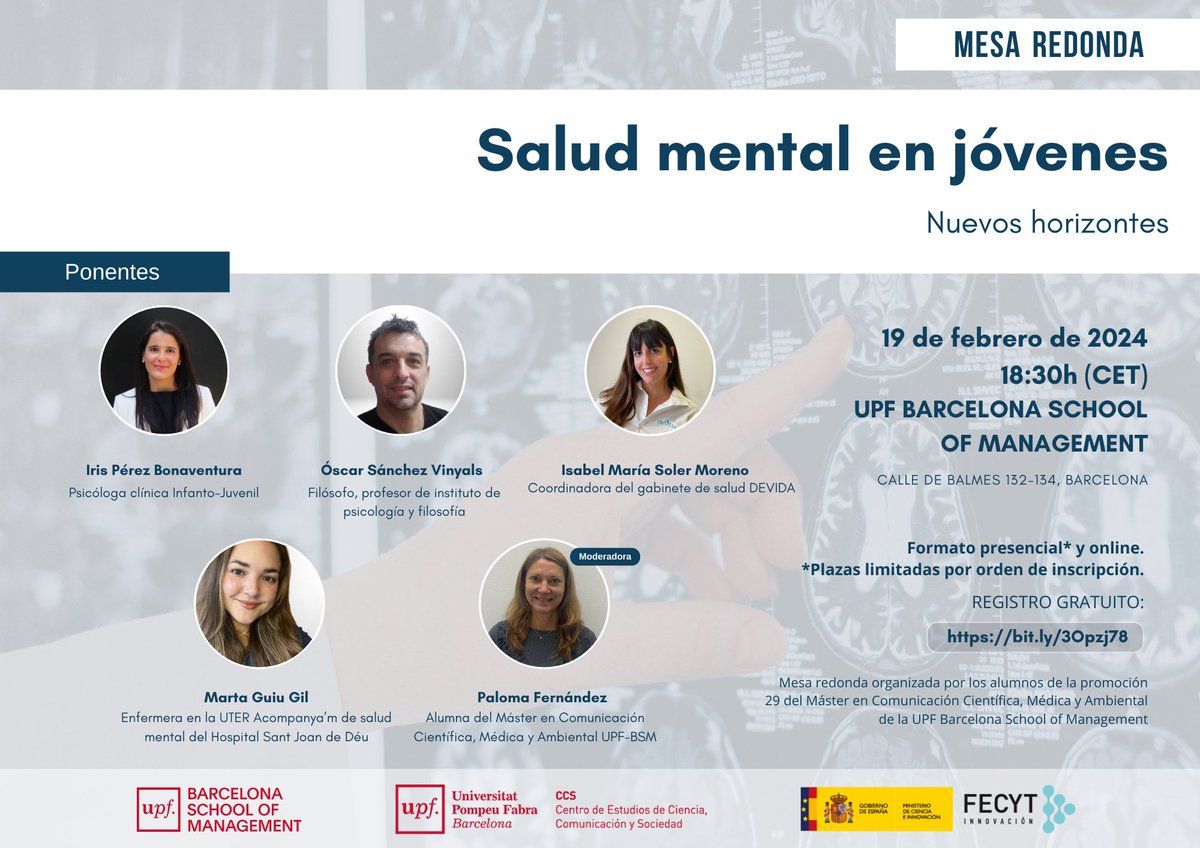 ⌛️¡Hoy, no te pierdas la mesa redonda organizada por los estudiantes del #mcc29 de la <a href="/bsm_upf/">UPF-BSM</a>  y el <a href="/ccupf/">CCS-UPF</a> sobre Salud mental en los jóvenes!

📅19/02/ 2024
⏱️18:30
📌UPF-BSM
👇¡Inscripción gratuita!