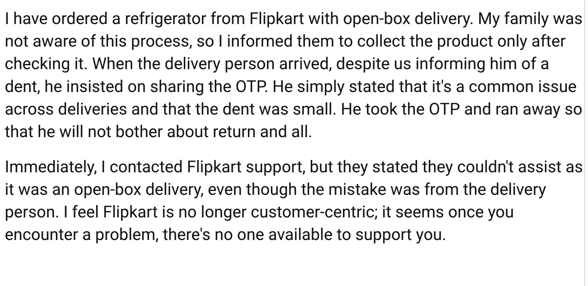 sfdcmahi's tweet photo. I feel Flipkart is no longer customer-centric; it seems once you encounter a problem, there's no one available to support you. @flipkartsupport @Flipkart https://t.co/STK2wIBHZV