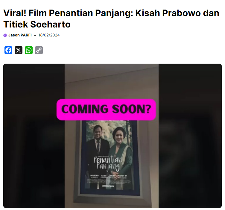 yossrsro's tweet photo. Viral! Film Penantian Panjang: Kisah Prabowo dan Titiek Soeharto

#PrabowoSubianto 
#TitiekSoeharto 

@Ndons_Back @bengkeldodo @are_inismyname @florieliciouss @99propaganda @BANGSAygSUJUD @Bank_Joee_ @KhoirilAnwar_

https://t.co/AbntZ2sGg3 https://t.co/Mh1TCnMiBi