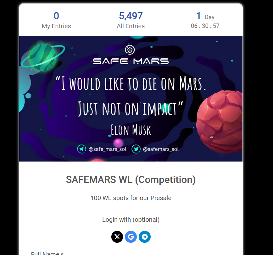 safemars_sol's tweet photo. Whitelist Competition Started for our SOL presale
-
Safemoon invented tax on BSC, SafeMars will on SOL | 5% tax (Auto-Add-LP) | freez &amp; mint = revoked
-
#safemoon #safemars #meme #fy #sol #FYP 
-
Get your WL here: https://t.co/morosdzjxh https://t.co/ivArWJKWgR