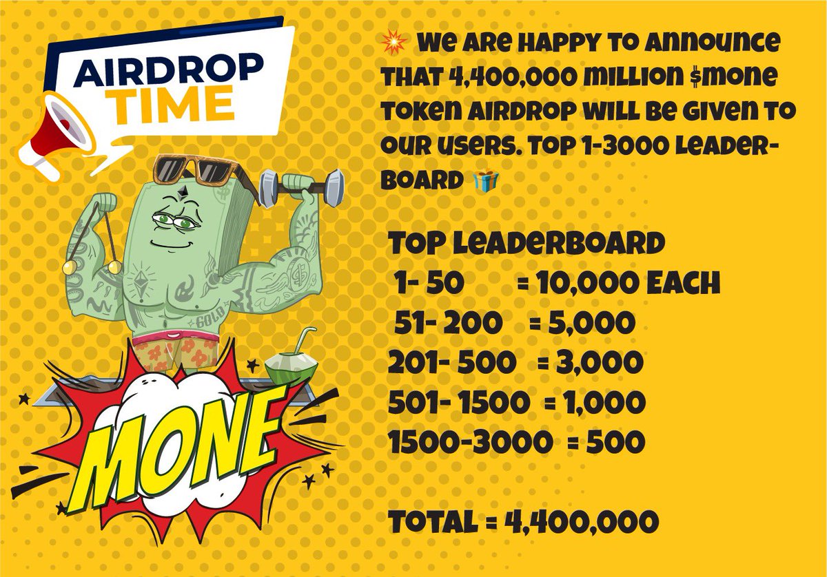 🎉 Exciting News Alert! 🚀 Get ready to claim your share of the $4.4 million in $MONE tokens through our exclusive airdrop event! 🌟

🔝 Be part of the top 3000 on our leaderboard to receive your special reward! 🎁

⏰ Don't miss out! The airdrop event runs from February 19th to