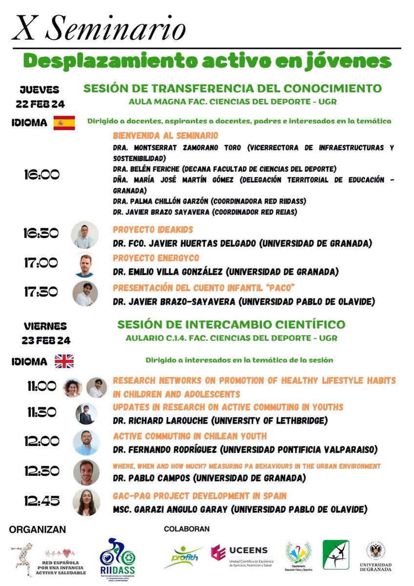activekidsspain's tweet photo. 🚨X Seminario de desplazamiento activo en jovenes 

No os perdáis el evento que organizamos esta semana en la Facultad de Ciencias del Deporte de @CanalUGR 

La sesión del jueves será retransmitida online. Puedes anotarte en este formulario: https://t.co/rCRFXq0rPo https://t.co/3DQVpSEWrr