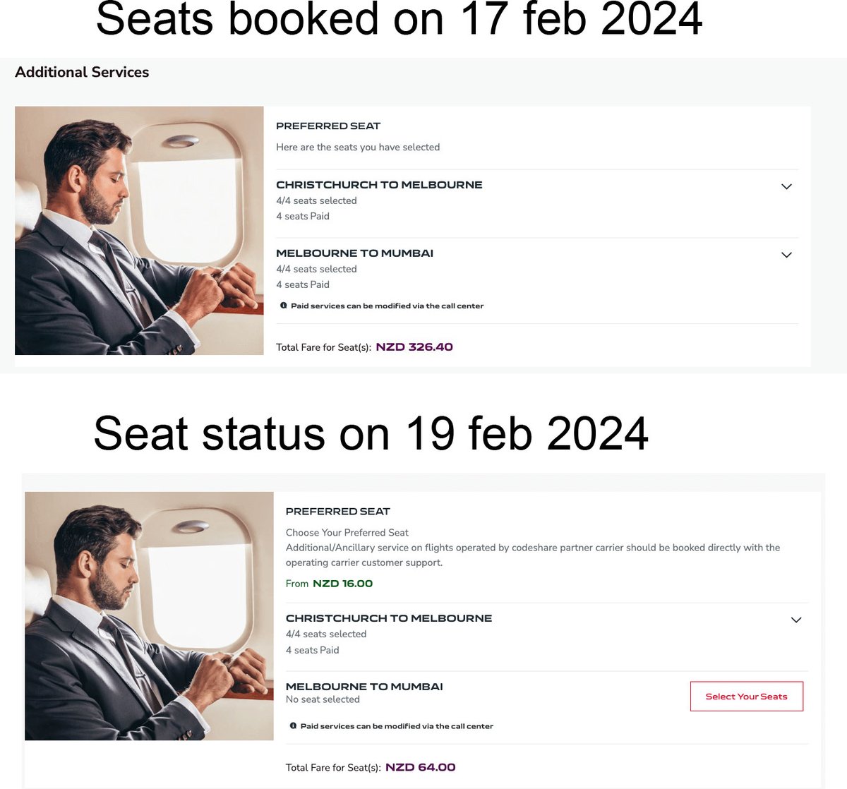 ToshThakkar's tweet photo. I pay for my seats from New Zealand to India via Australia on @airindia portal on 17 Feb '24.
on 19 Feb, i see my 2nd leg of the journey seats which is in your flight are GONE.
Need to know the reason to your representative Kajal. says, "I dont have access to your booking..!" 1/n https://t.co/tgaMka4QuP