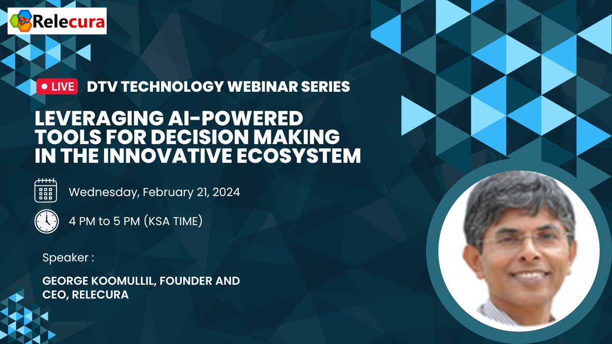 Relecura's tweet image. As we have two days left for the webinar on Leveraging AI-powered tools for decision making in the innovation ecosystem, here&apos;s a reminder to those who haven&apos;t signed up yet, followed by the registration link:
docs.google.com/forms/d/e/1FAI…
#dtvhc #technologywebinar #signup #relecura