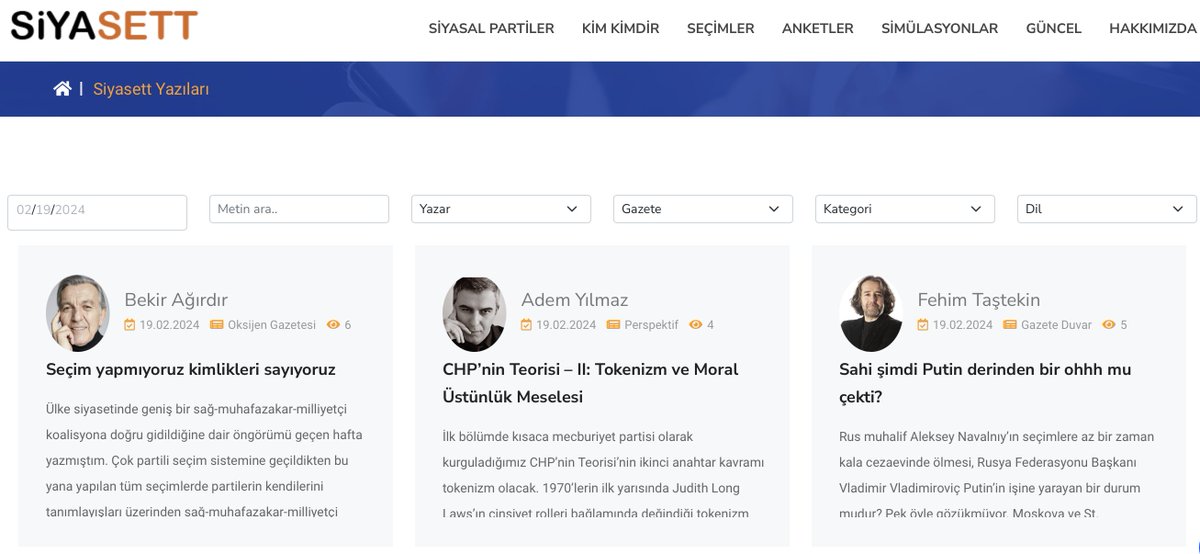 Siyaset hayatıyla ilgili seçilmiş güncel yazıları topluca görüntülemek ve dilerseniz çevirilerine anlık erişmek istiyorsanız siyasett.com’un “Siyaset Yazıları” modülünü incelemenizi öneririm. 
siyasett.com/columns