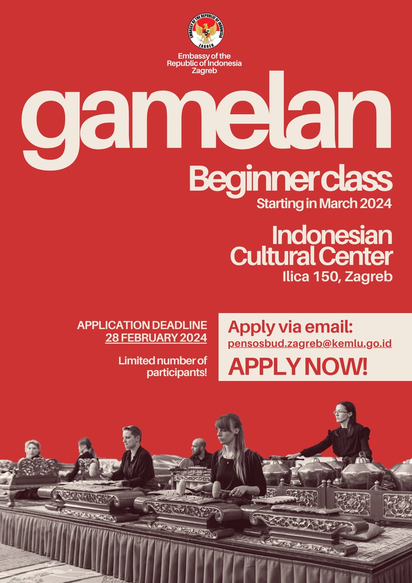 SveucilisteZG's tweet image. 🆓 Veleposlanstvo Republike Indonezije u Zagrebu organizira besplatan tečaj na kojem možete naučiti svirati instrumente indonezijskog orkestra 𝗴𝗮𝗺𝗲𝗹𝗮𝗻𝗮 – prijavite se na 📧 pensosbud.zagreb@kemlu.go.id do 28. veljače.  🇮🇩🎶🥁

#UniZg #mojesveuciliste #musicclass #gamelan