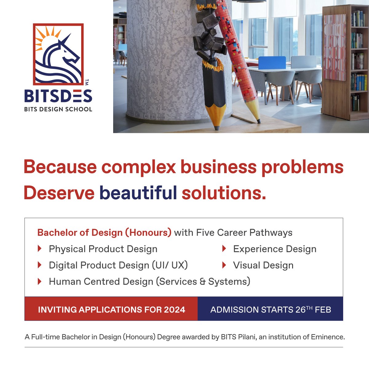 BITSDES's tweet photo. With 5 uniquely crafted specializations, students get to make the most of the learning opportunity at BITS Design School Mumbai. If design is your passion, BITSDES is your place! Our amazing admissions team is ready to help you take that leap into the future.
#design #admssions https://t.co/hDlhGdDznE